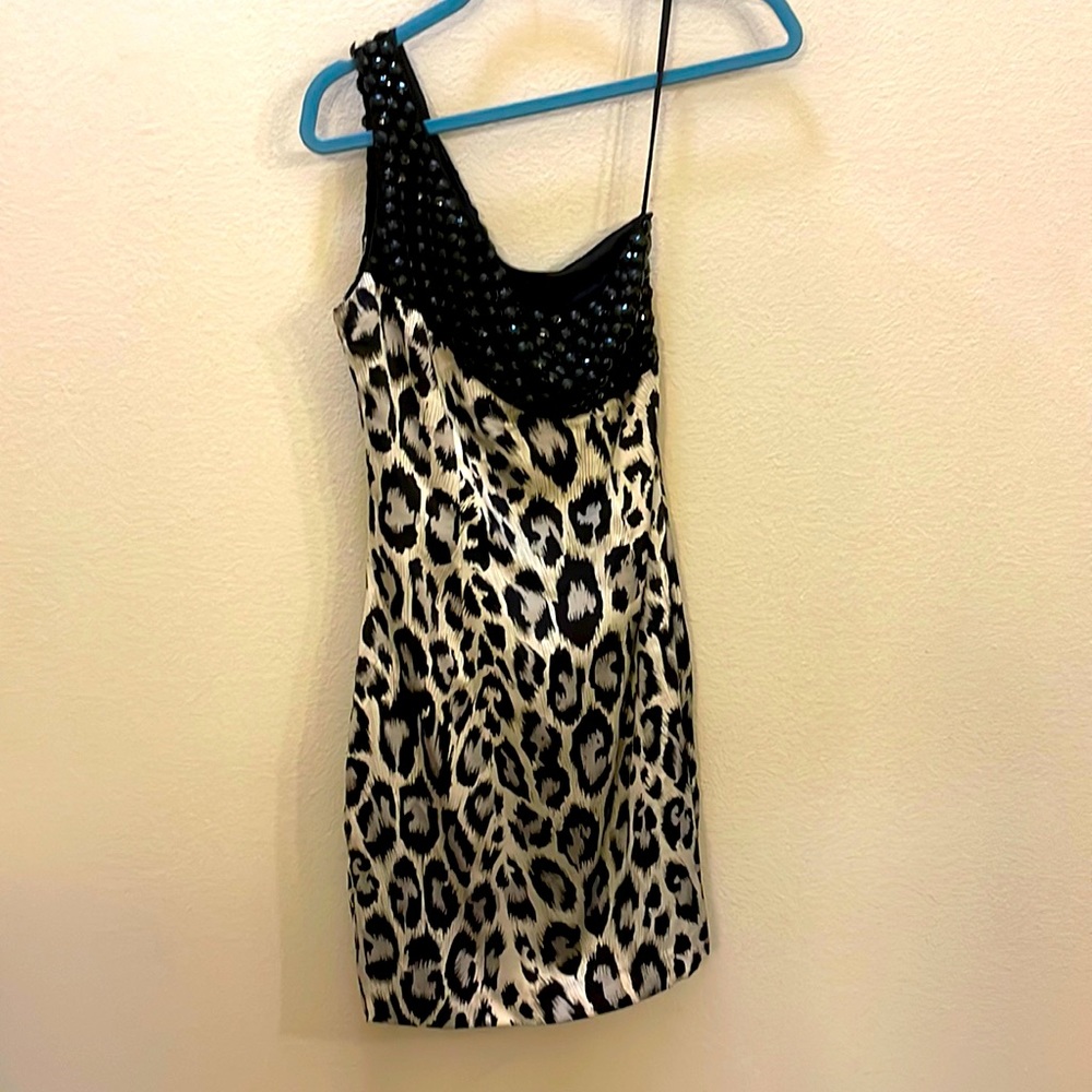 Arden B B&W Leopard Print One Shoulder Dress